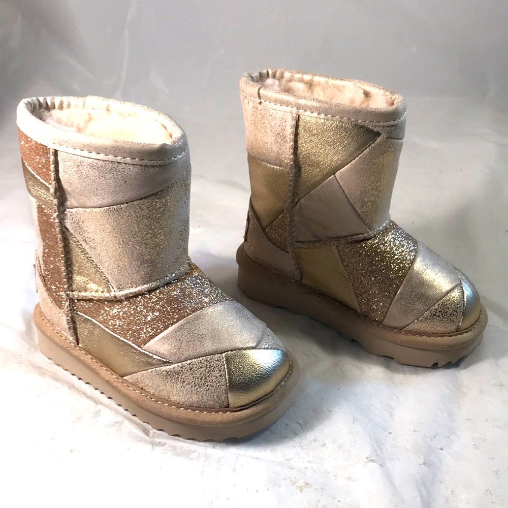 UGG Classic Short 2 Gold Patchwork Glitter Leather Shearling Lined Whimsy Boots
